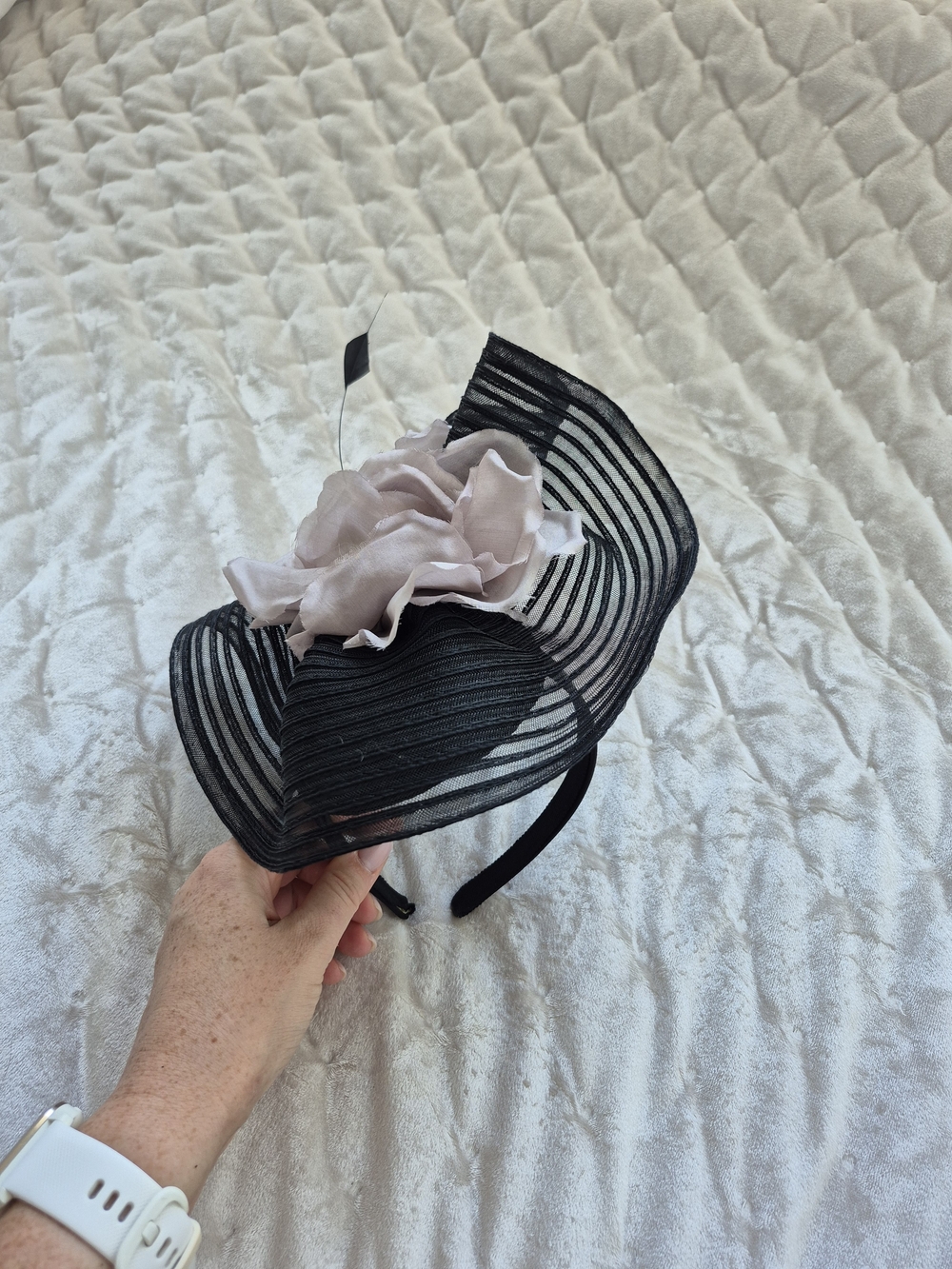 Black Ladies Fascinator Headband with Pale Blush Flower And Black Feathers